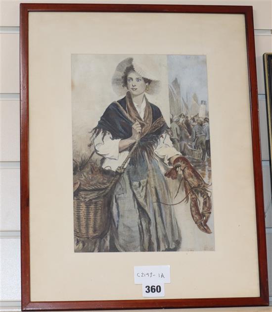 English School 1893, watercolour, Young woman selling lobsters, indistinctly signed, 29 x 20cm